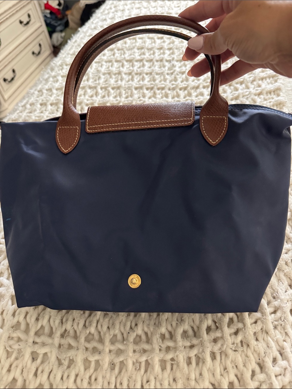 Longchamp Navy Nylon Tote with Brown Leather Trim - Picture 2 of 3